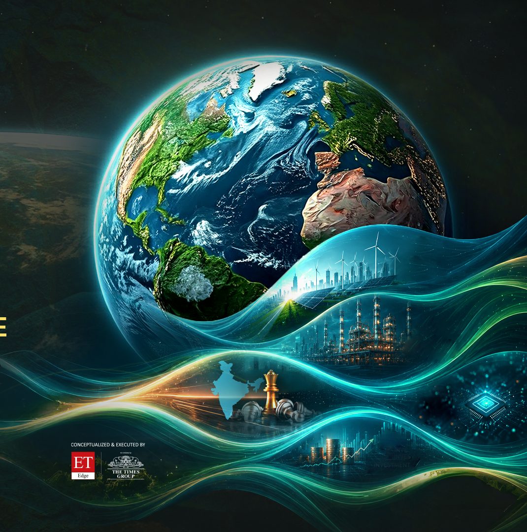 Earth rendered against a woven teal and gold ribbon threading through energy, industry, mobility and finance imagery